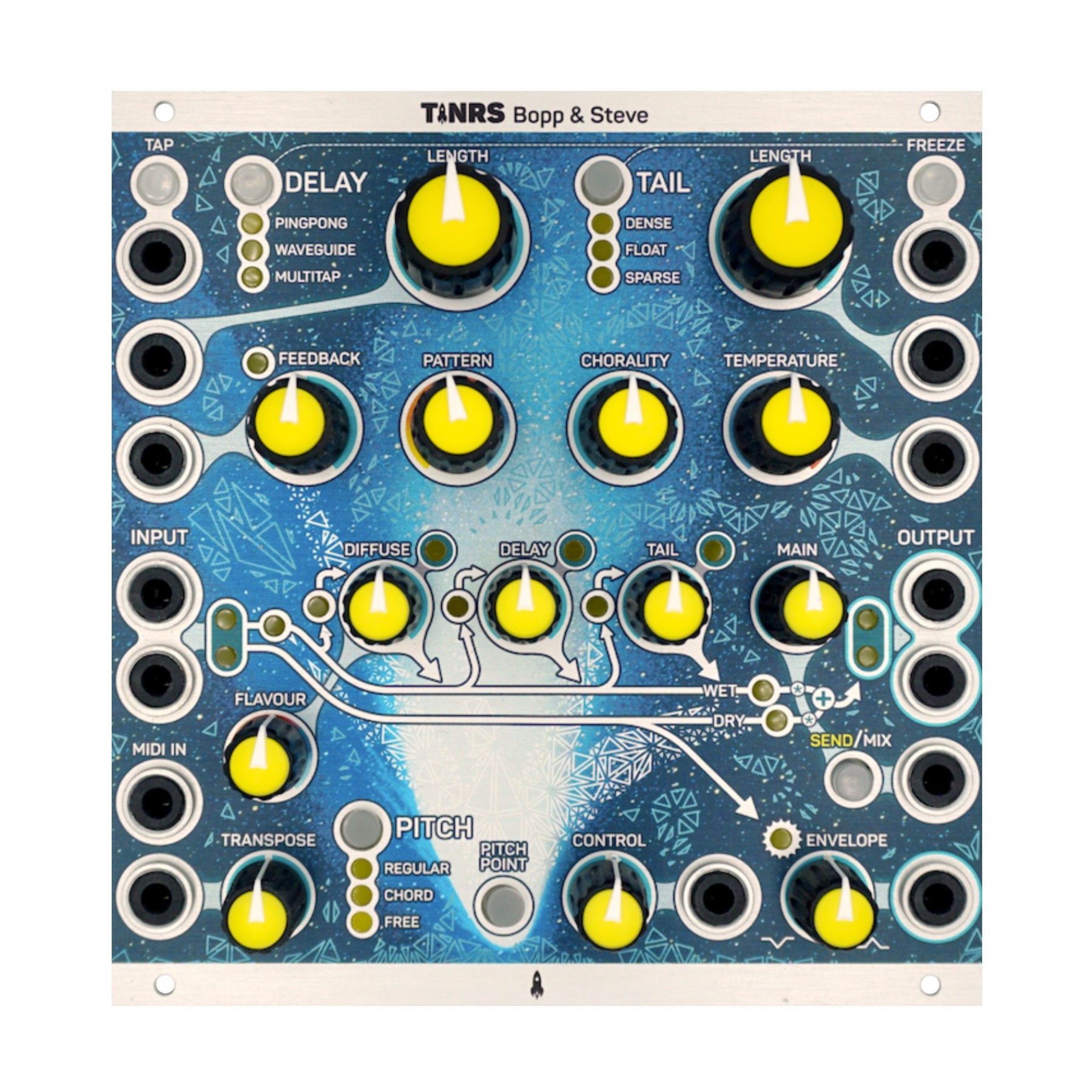 Blue and white eurorack module with yellow knobs, buttons, and many 3.5mm jacks labeled for delay, tail, pitch, and other functions.