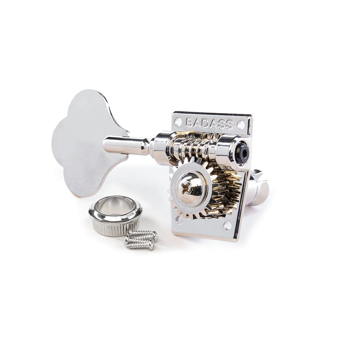 Single nickel-plated bass key tuner with BADASS engraving, accompanied by screws and a washer.
