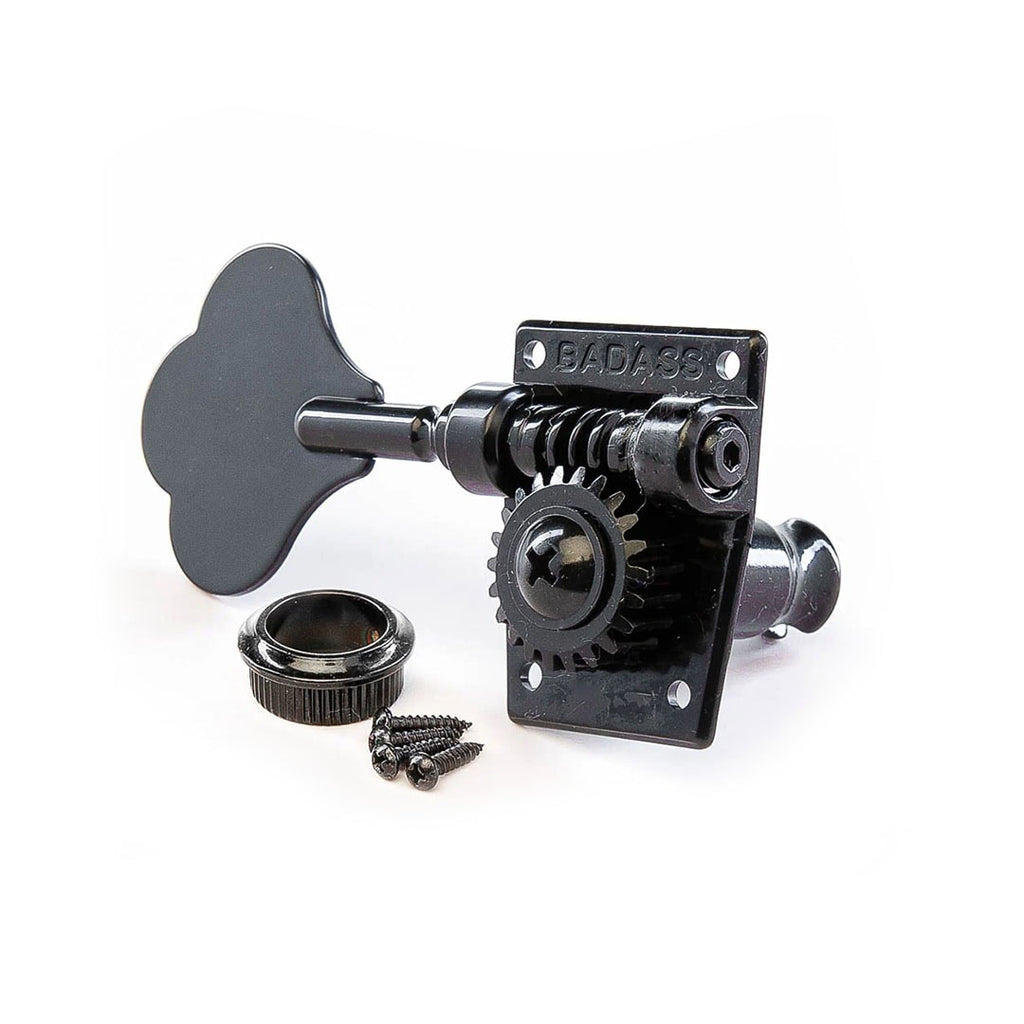 Black single bass tuner key with mounting screws and a grommet, labeled BADASS.