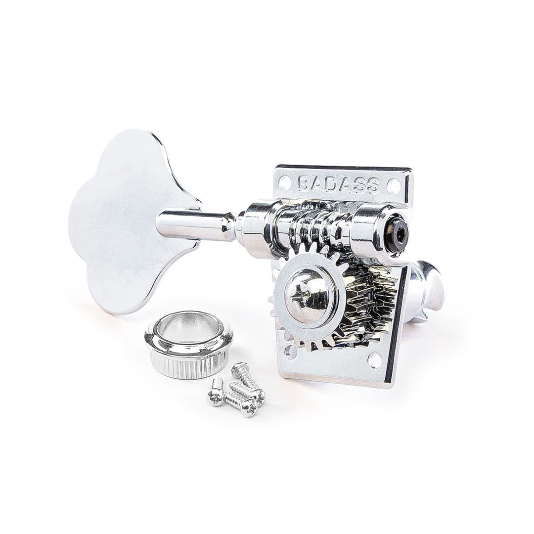 Single chrome tuning key with gears, mounting ring, and screws on a white background.