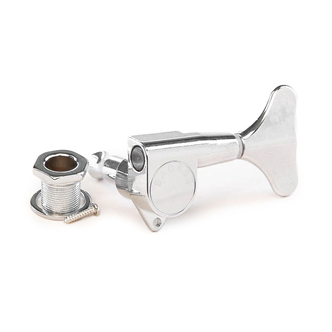Chrome single tuning key assembly with bushing and small screw on white background