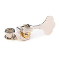 Silver and gold metal bass guitar tuning key with mounting nut and screw on white background.