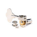 Single metal bass tuning key with gear, nut, and two screws on a white background.