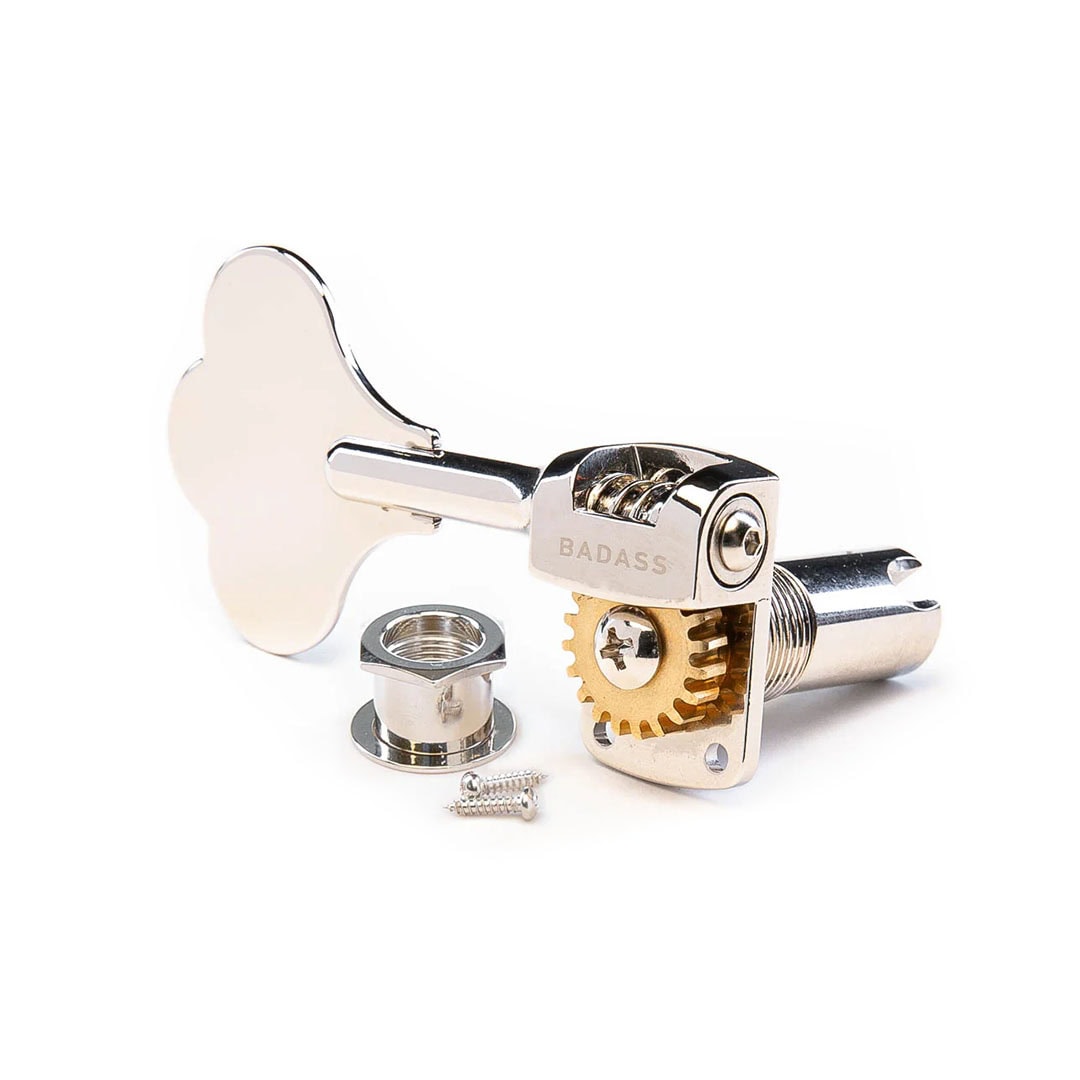 Single metal bass tuning key with gear, nut, and two screws on a white background.