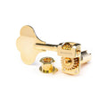 Gold-colored metal single bass guitar tuning key with mounting bush and screw on white background.