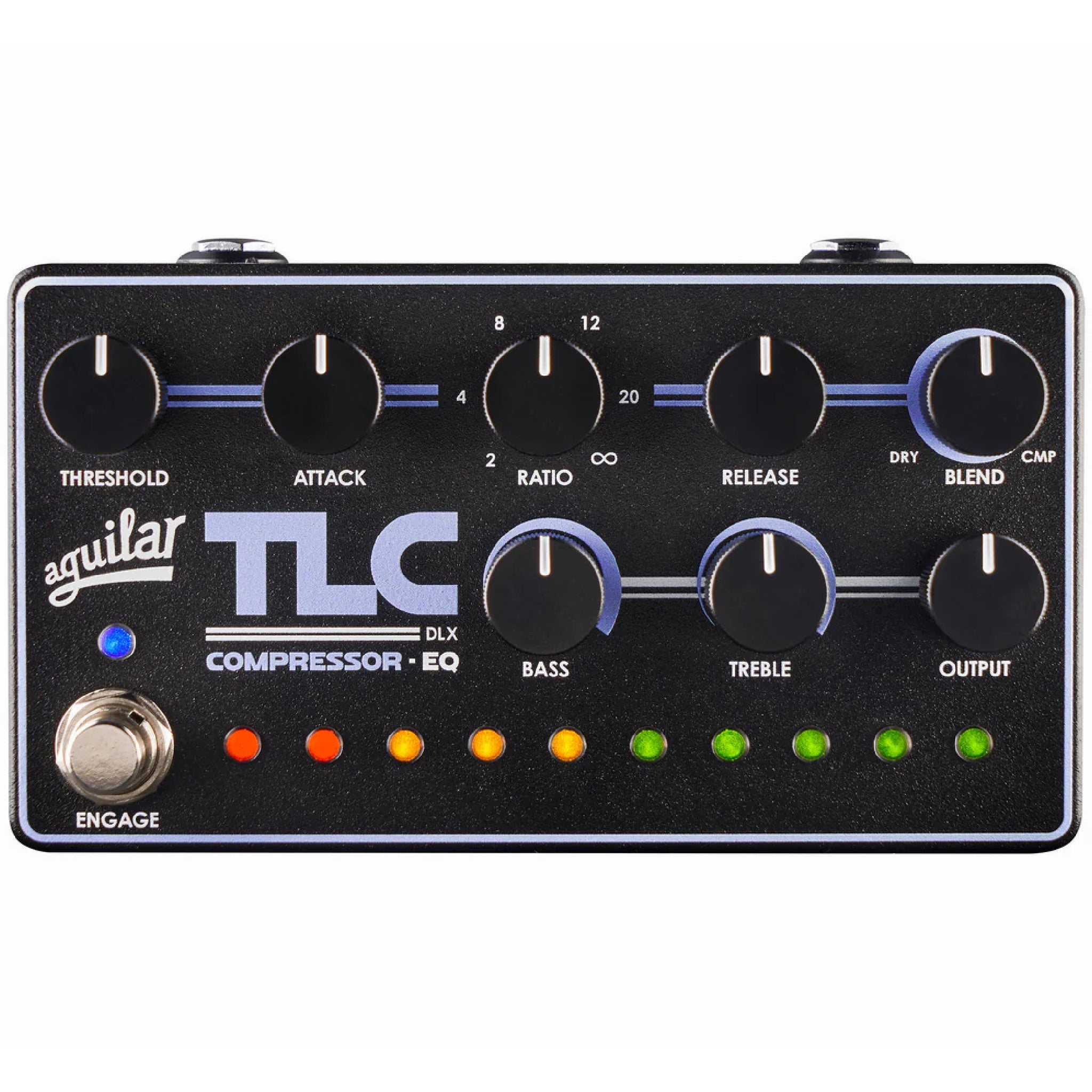 Black Aguilar TLC DLX Compressor EQ pedal with multiple knobs, LED indicators, and one footswitch.
