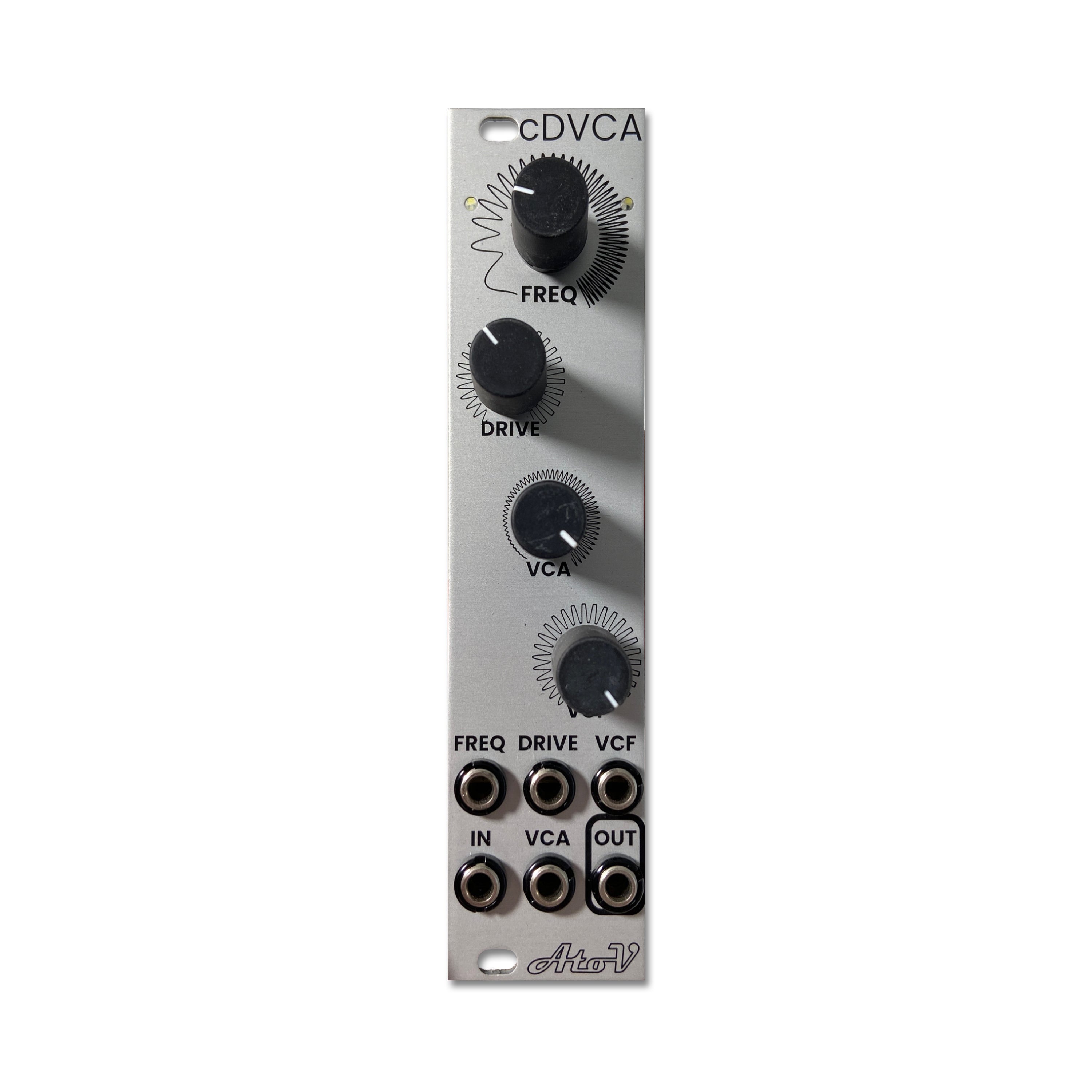 Silver eurorack module with four black knobs and six 3.5mm jack connectors labeled for frequency, drive, VCA, and input/output.