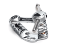 Chrome-colored guitar tremolo bridge with tension spring and knurled adjustment knob on white background.
