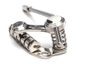 A nickel-plated metal tremolo arm and spring-mounted bridge piece for a guitar on a white background.