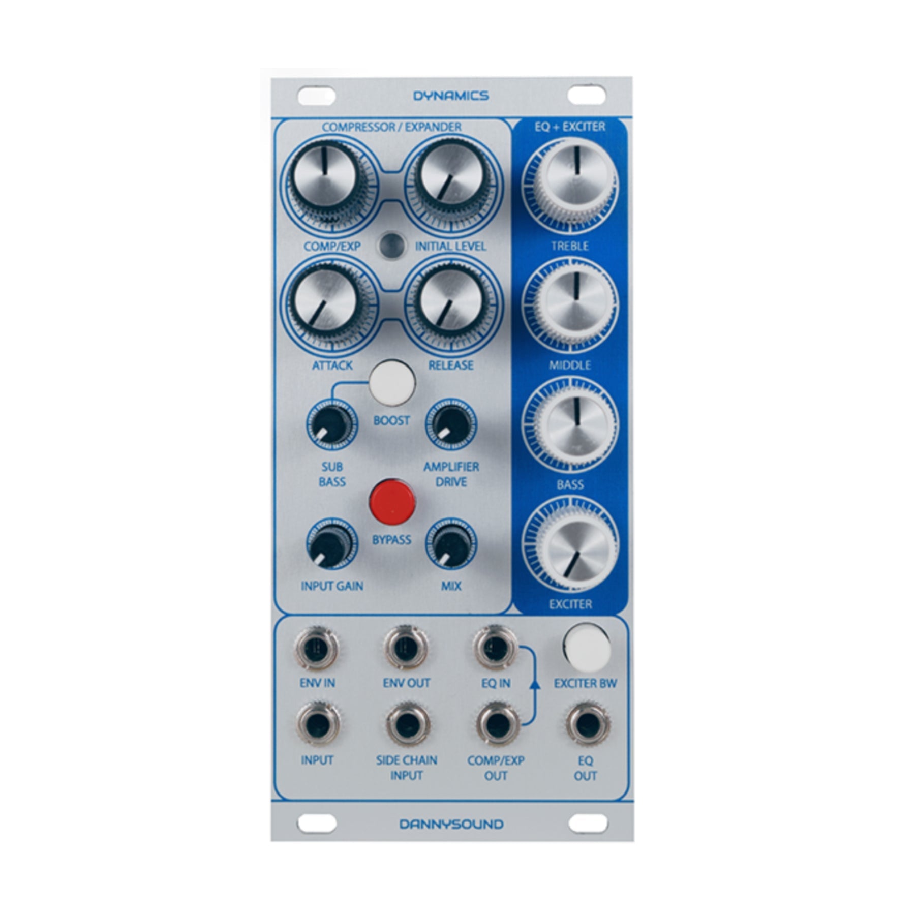 Silver and blue eurorack module with knobs, a red button, and multiple 3.5mm jacks labeled for dynamics and EQ controls.
