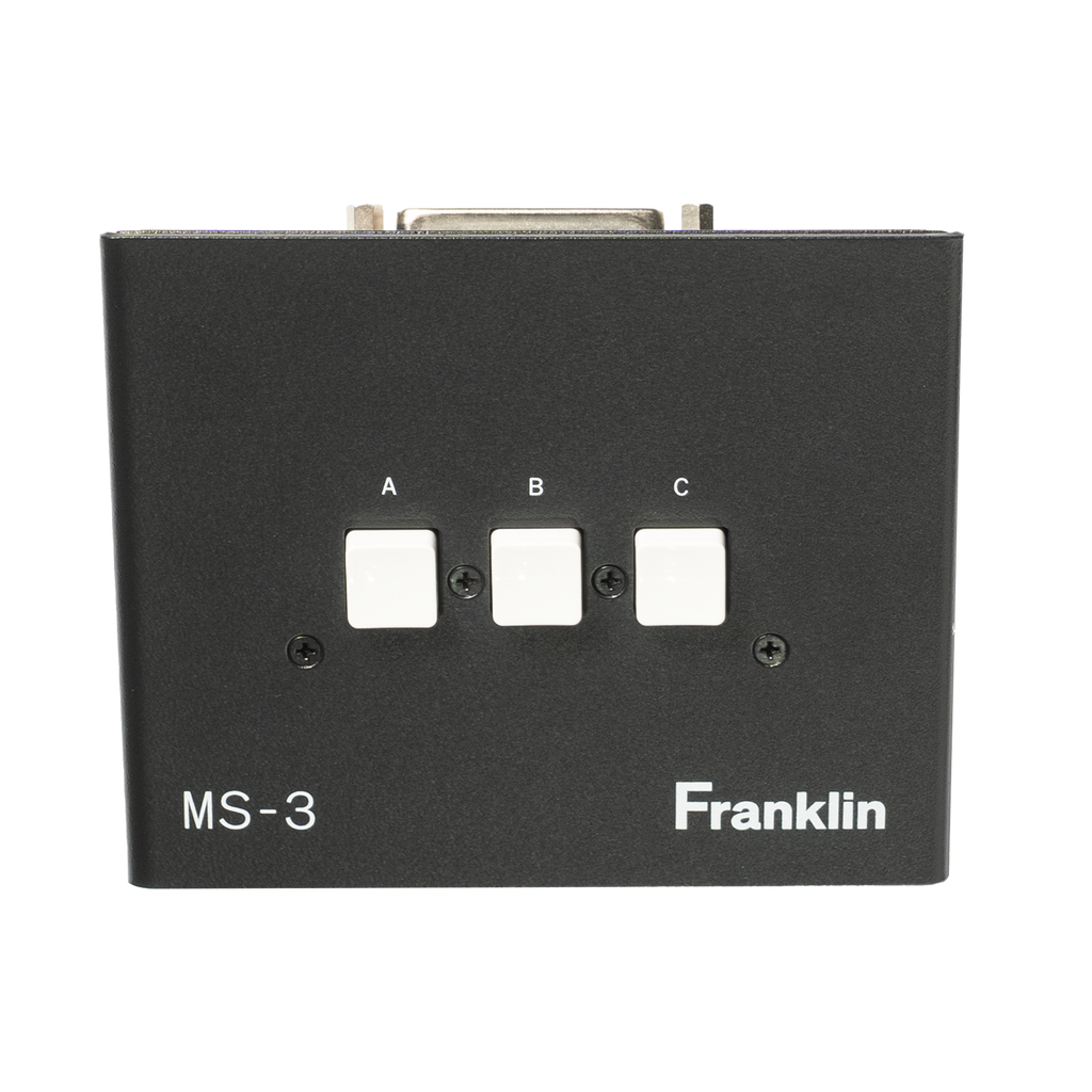Black device with three white push buttons labeled A, B, C and a D-sub connector on top, marked MS-3 Franklin.