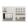 White electronic sampler device with multiple rotary knobs, buttons, and a screen showing interface graphics.