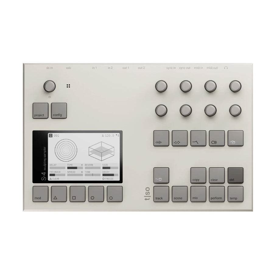 White electronic sampler device with multiple rotary knobs, buttons, and a screen showing interface graphics.