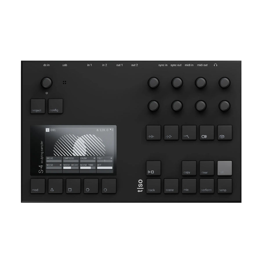 Top view of a black Torso Electronics S4 sampler with multiple buttons, knobs, and a display screen showing graphics and text.