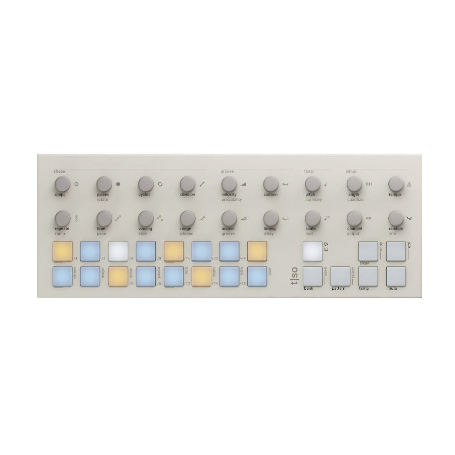 White electronic device with multiple rotary knobs and backlit push buttons arranged in rows and columns.