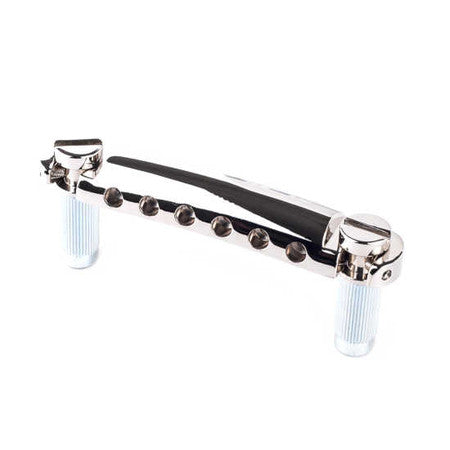 Silver metal guitar tailpiece with six string holes and two white plastic mounting posts.