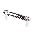 Nickel-colored metal guitar tailpiece with two white knurled adjustment knobs on a white background.