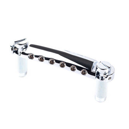 Chrome-colored metal tailpiece with six adjustable posts on each end and six string holes along a curved bar.