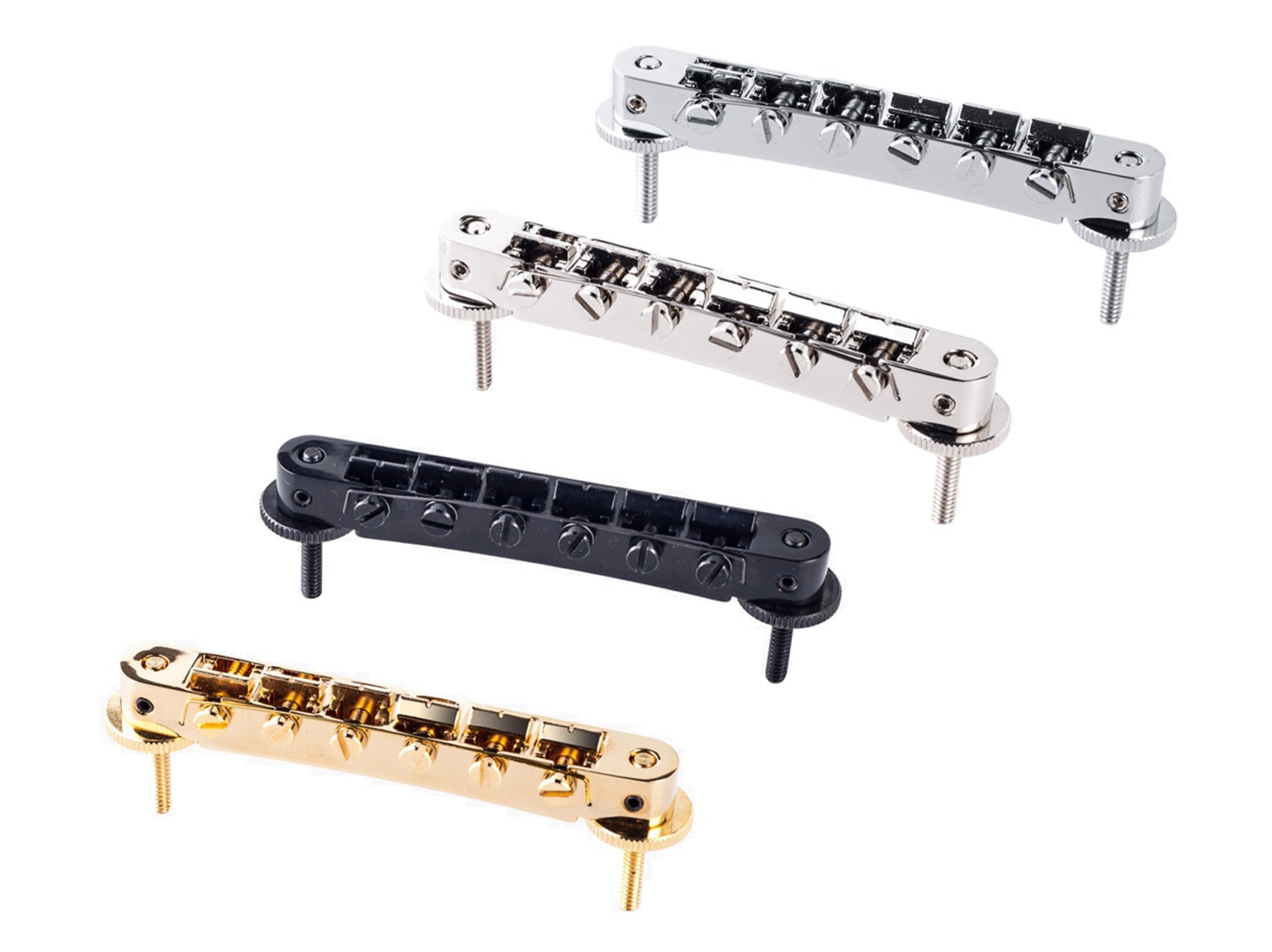 Four guitar tune-o-matic style bridges in gold, black, and silver finishes shown isolated on white background.