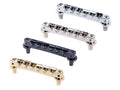 Four metal guitar bridges in silver, black, and gold finishes shown individually.