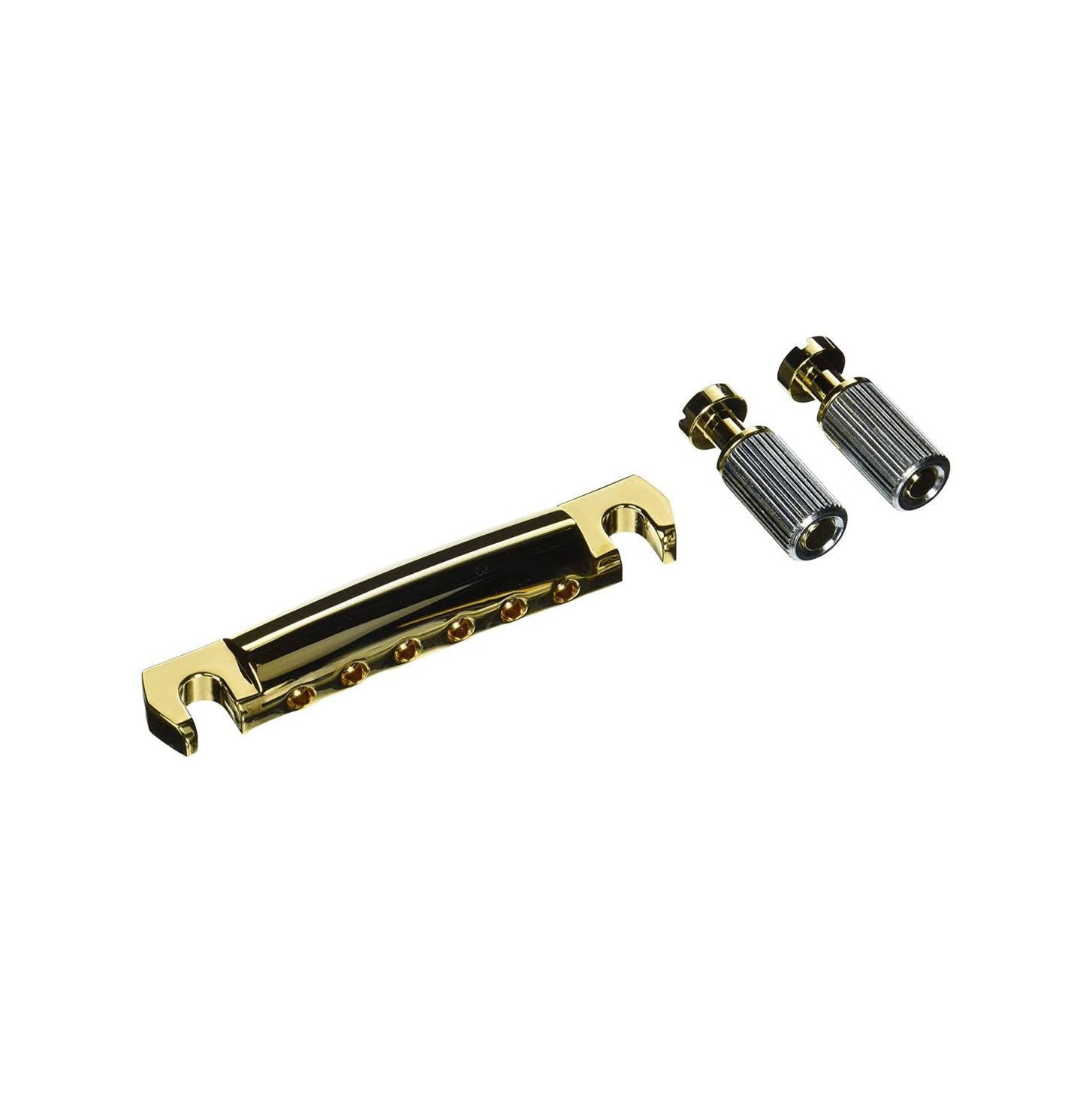 Gold-colored guitar tailpiece with two silver mounting studs on a white background.