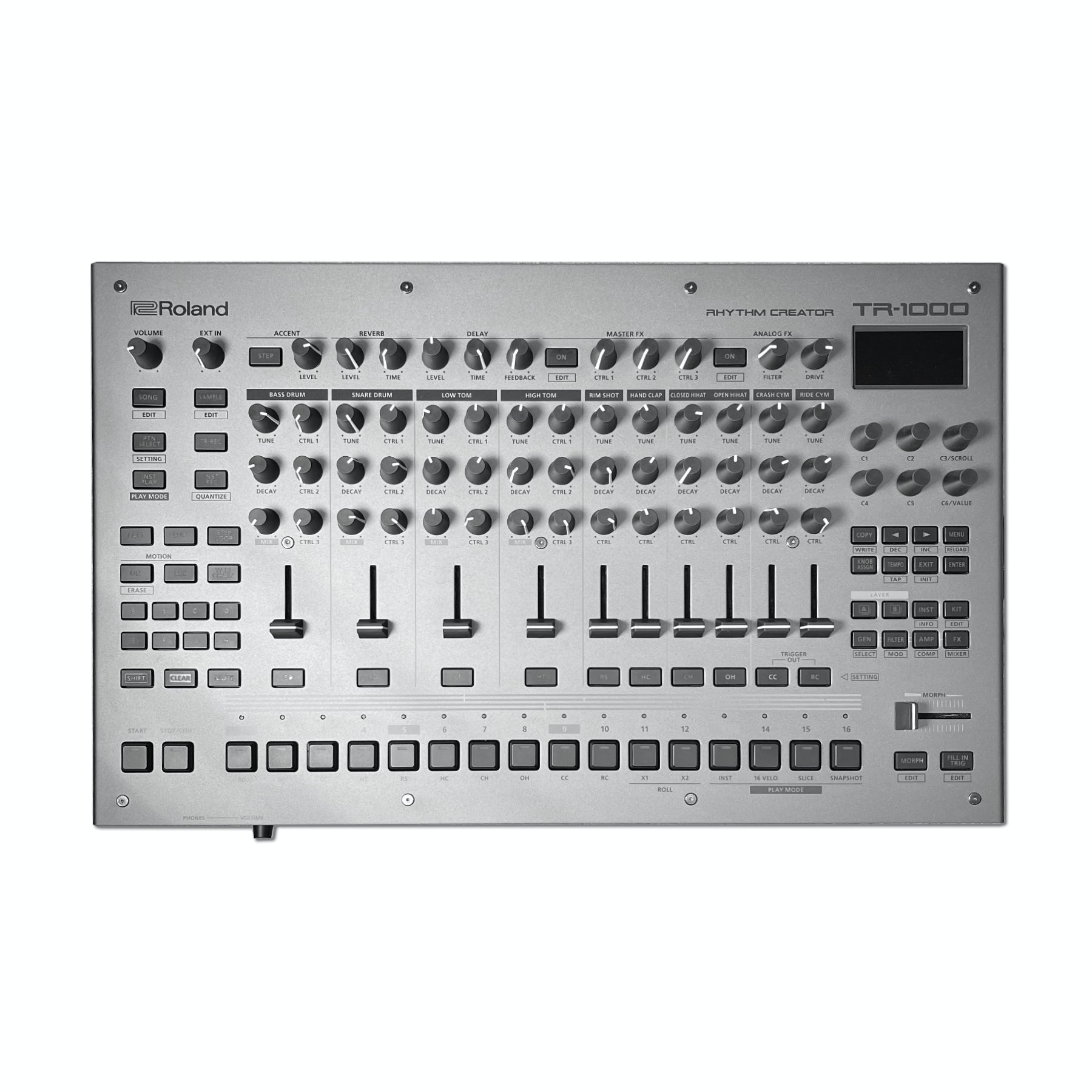 Front top view of a silver Roland TR-1000 drum machine with knobs, sliders, buttons, and a small display screen.