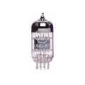 A clear glass vacuum tube with metal pins and white text showing brand and model information.