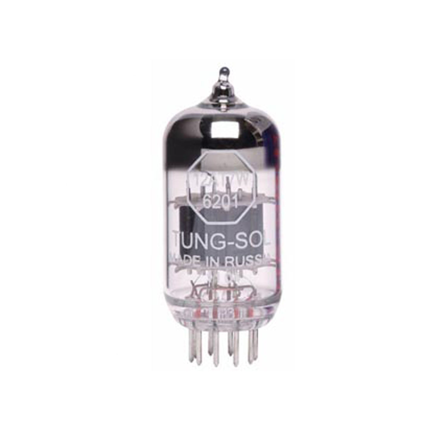 A clear glass vacuum tube with metal pins and white text showing brand and model information.