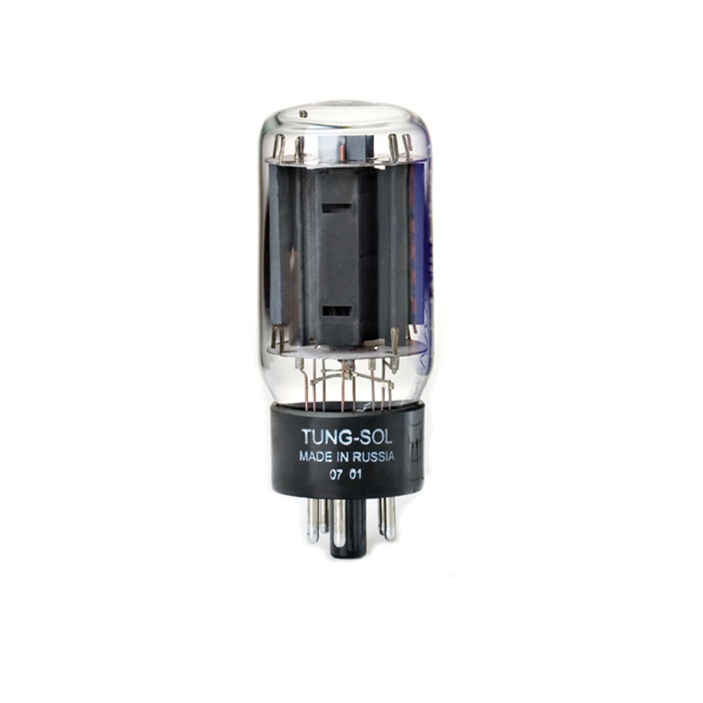 Glass vacuum tube with black base and multiple metal pins labeled Tung-Sol made in Russia.