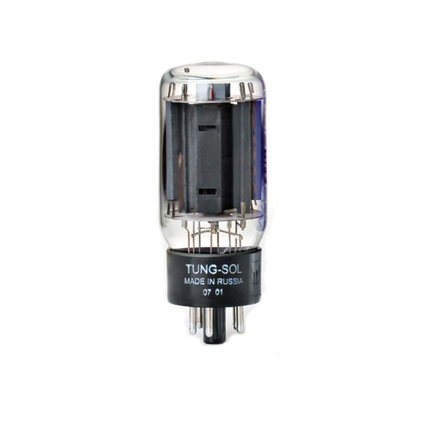 Glass vacuum tube with black base and multiple metal pins labeled Tung-Sol made in Russia.