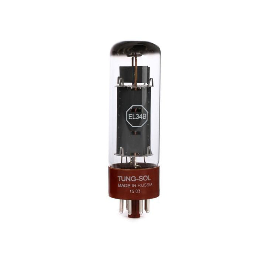 A Tung-Sol EL34B vacuum tube with a brown base and visible pin connectors inside a glass enclosure.