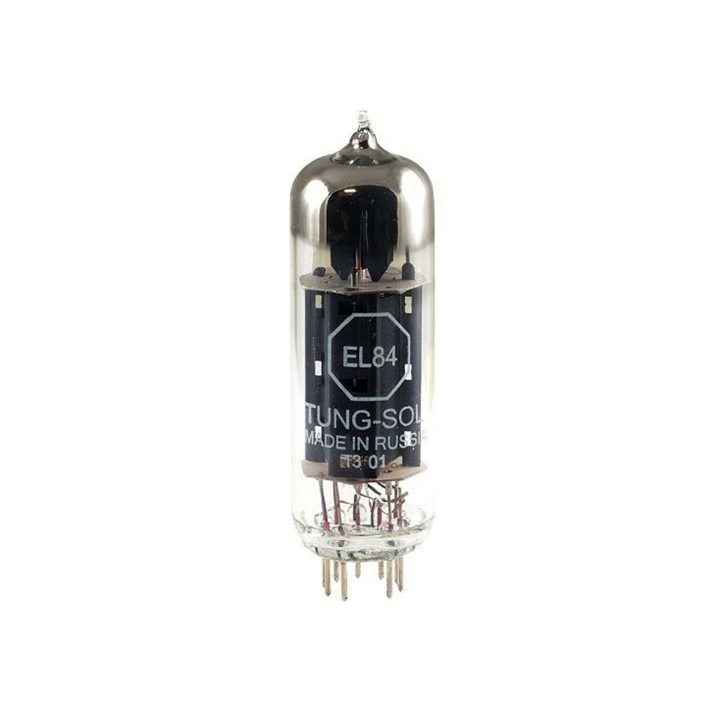 A Tung-Sol EL84 vacuum tube with visible pins and clear glass envelope.