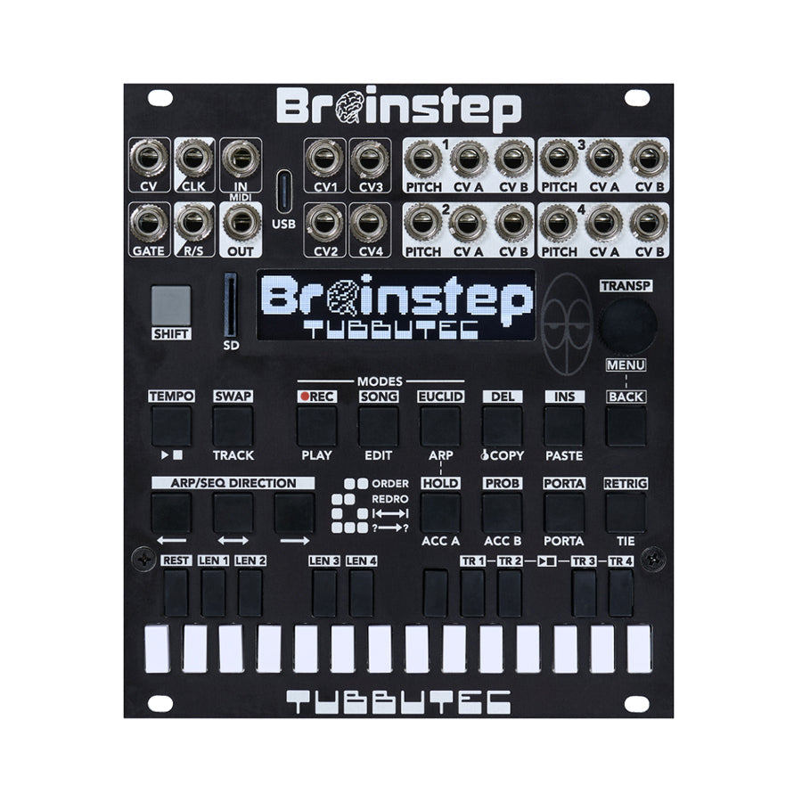 Black audio module with multiple jacks, buttons, a knob, and a small screen labeled Brainstep Tubbutec.