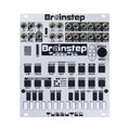 Front view of a silver Brainstep eurorack module with multiple jacks, buttons, a knob, a USB port, and an SD card slot.
