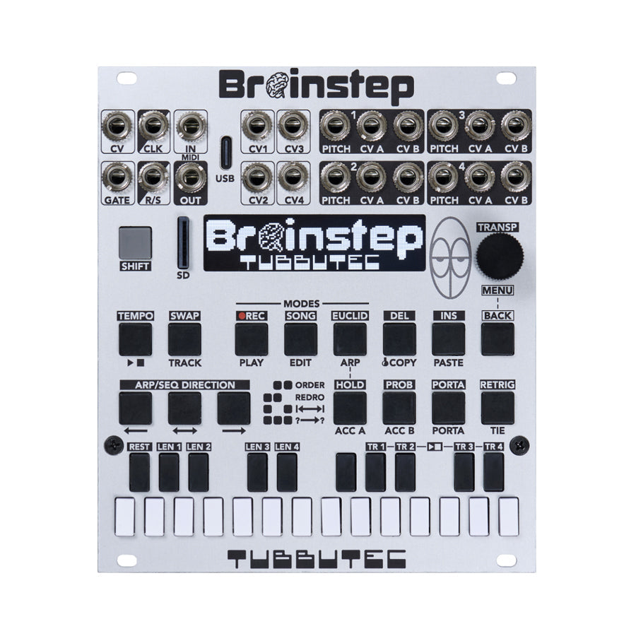 Front view of a silver Brainstep eurorack module with multiple jacks, buttons, a knob, a USB port, and an SD card slot.