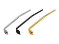 Three L-shaped metal tremolo arms in silver, black, and gold with knurled adjustment knobs.