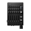 Black audio mixer with multiple knobs, sliders, buttons, a rotary encoder, and a small display.