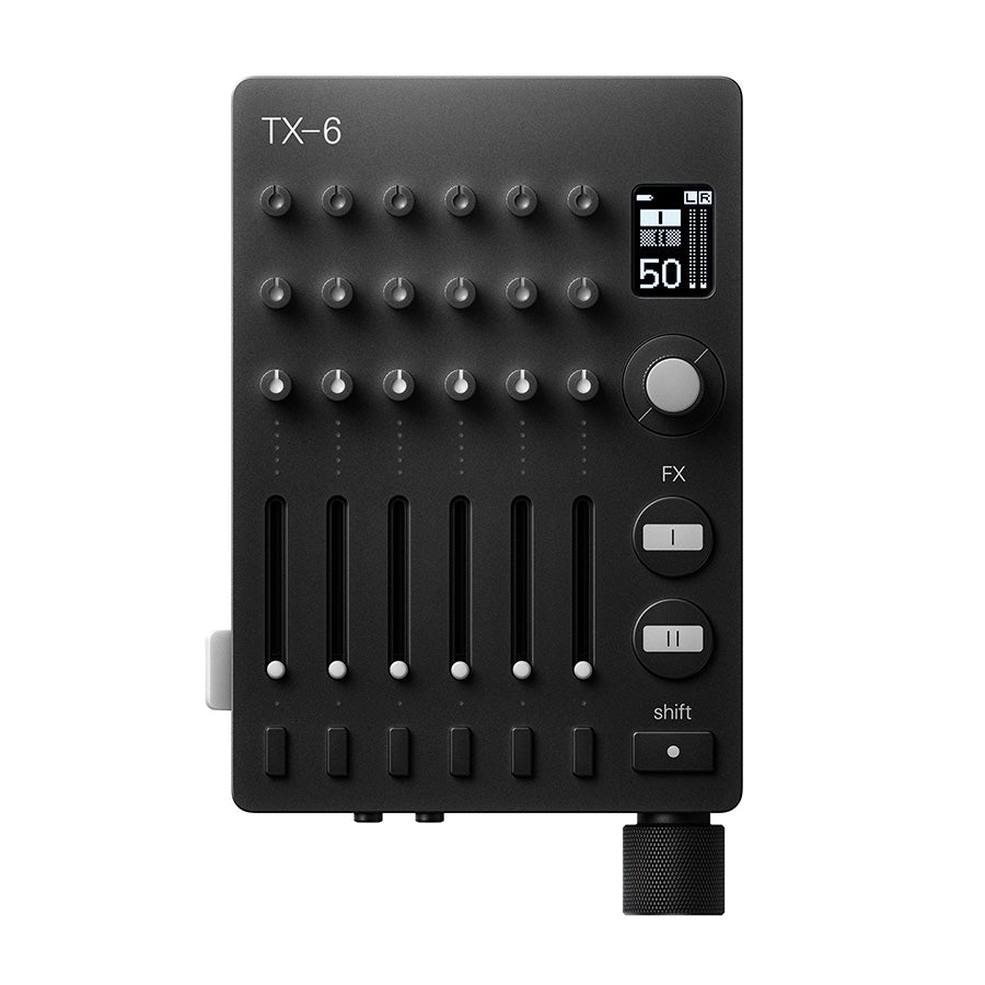 Black audio mixer with multiple knobs, sliders, buttons, a rotary encoder, and a small display.