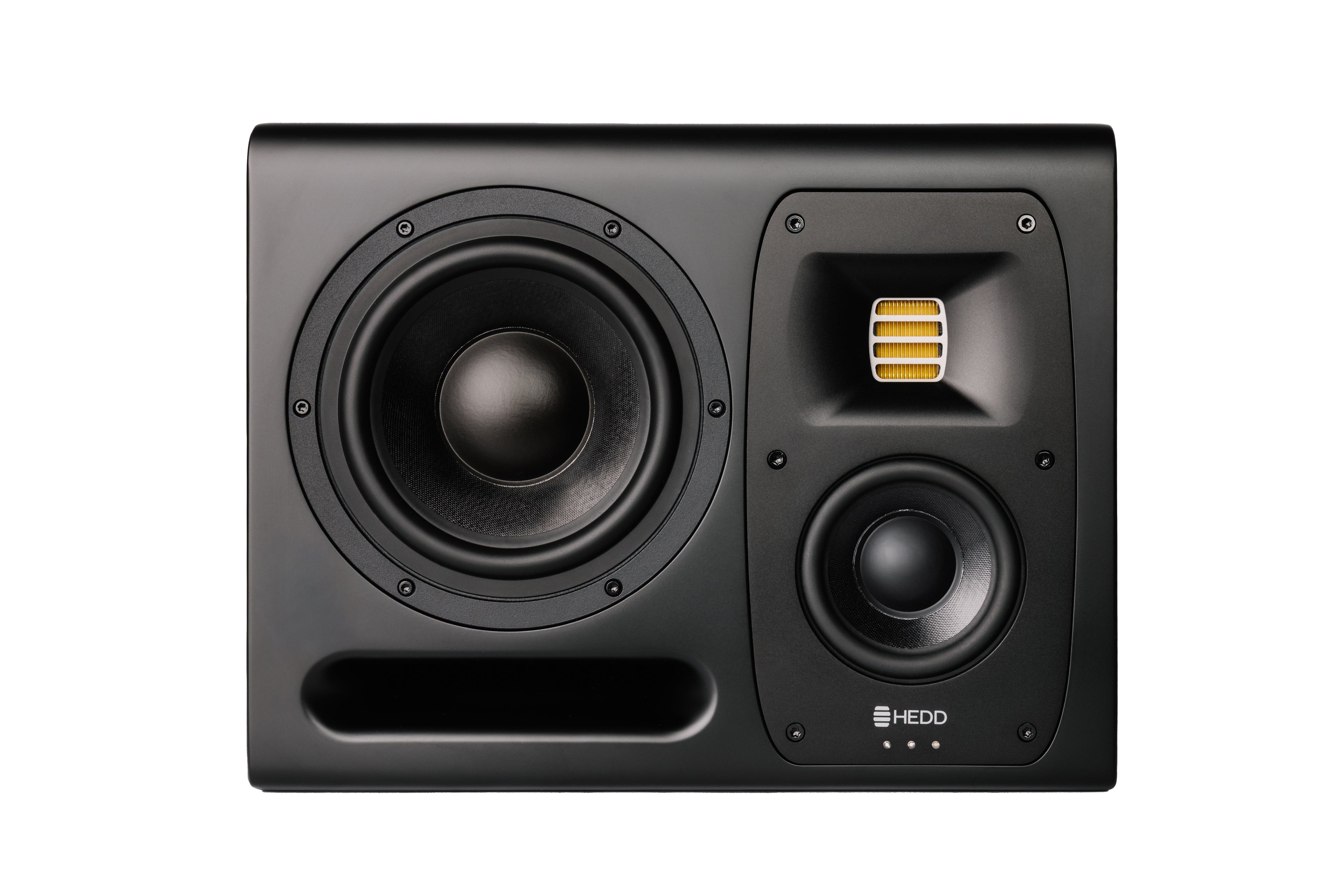 Black studio monitor speaker with two main drivers and a yellow component behind a grill