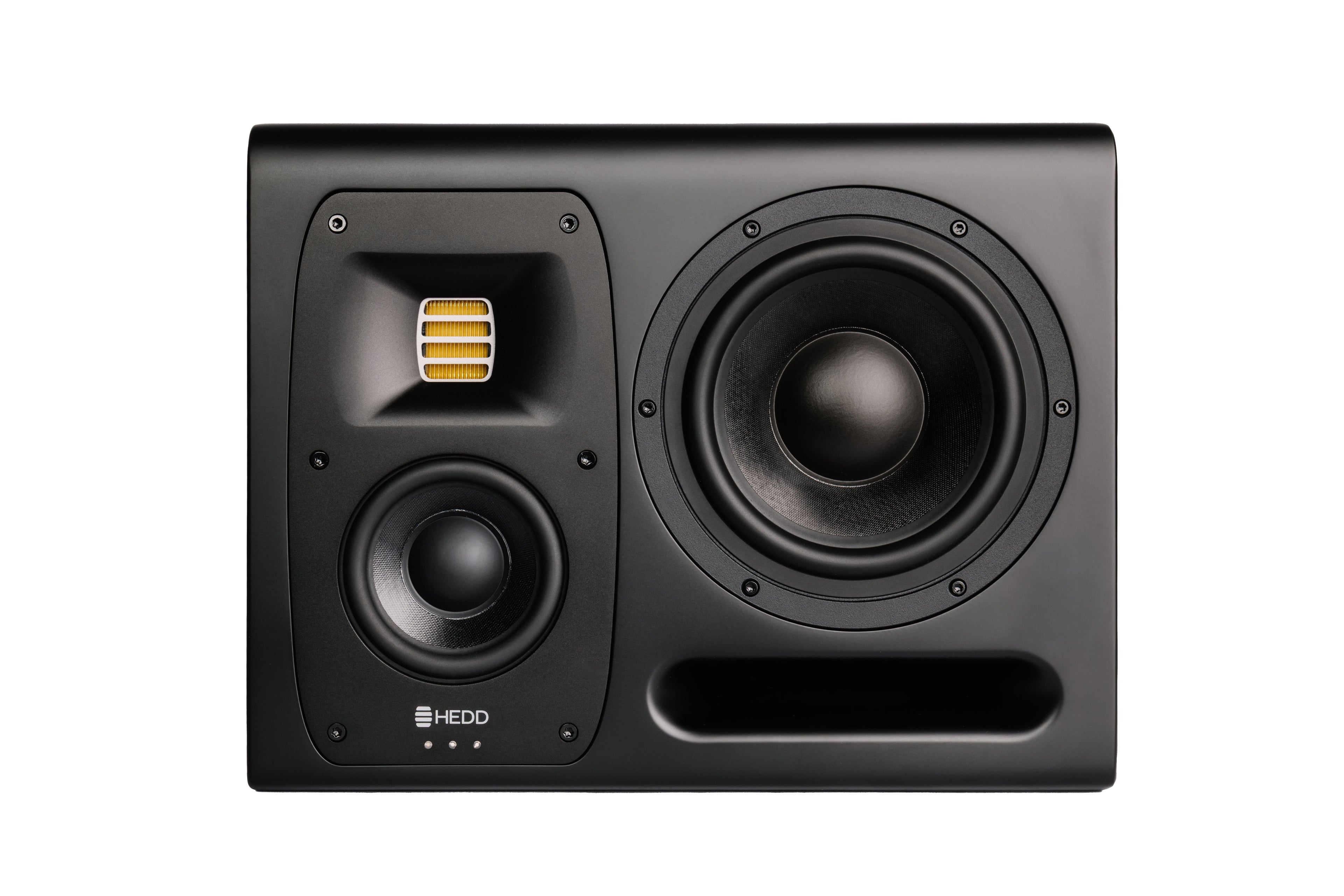 Black studio monitor speaker with three drivers and a front bass reflex port shows HEDD logo.