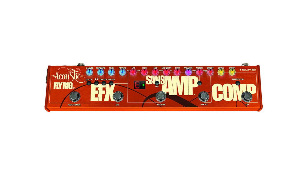 Orange multi-effects guitar pedal with multiple knobs, switches, and footswitches labeled Acoustic Fly Rig EFX Sans Amp Comp