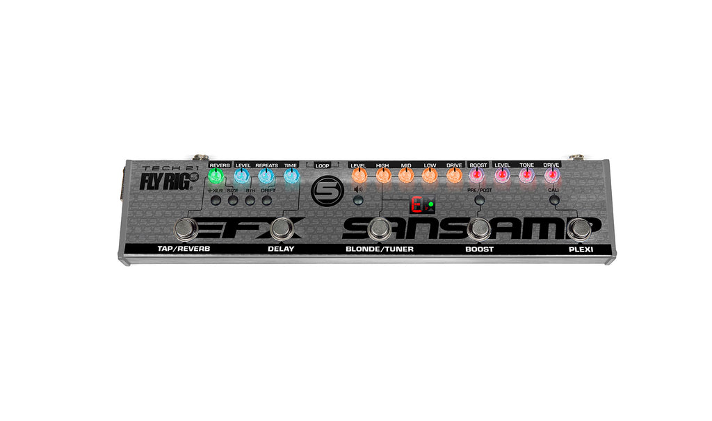 Gray Tech 21 Fly Rig guitar multi-effects pedal with multiple knobs, footswitches, and labels on top.