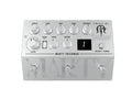 Silver guitar effects pedal with multiple knobs, three footswitches, and a digital display showing the number 1.