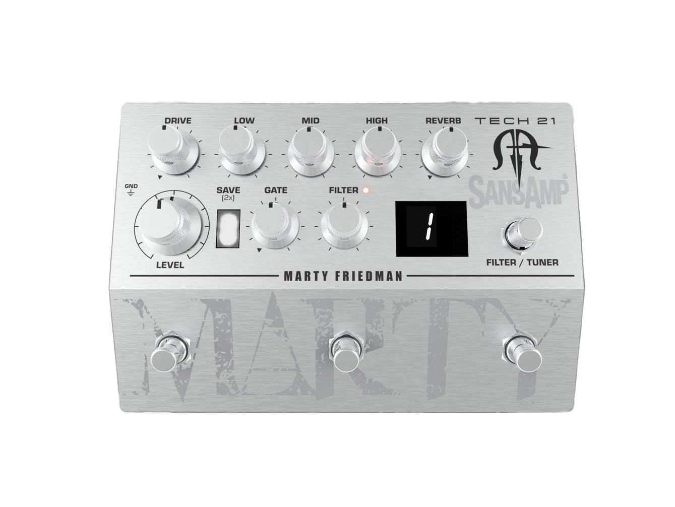 Silver guitar effects pedal with multiple knobs, three footswitches, and a digital display showing the number 1.