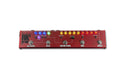 Red multi-effects guitar pedal with multiple knobs, footswitches, and LED indicators labeled Tech 21 RK5 Fly Rig V3.