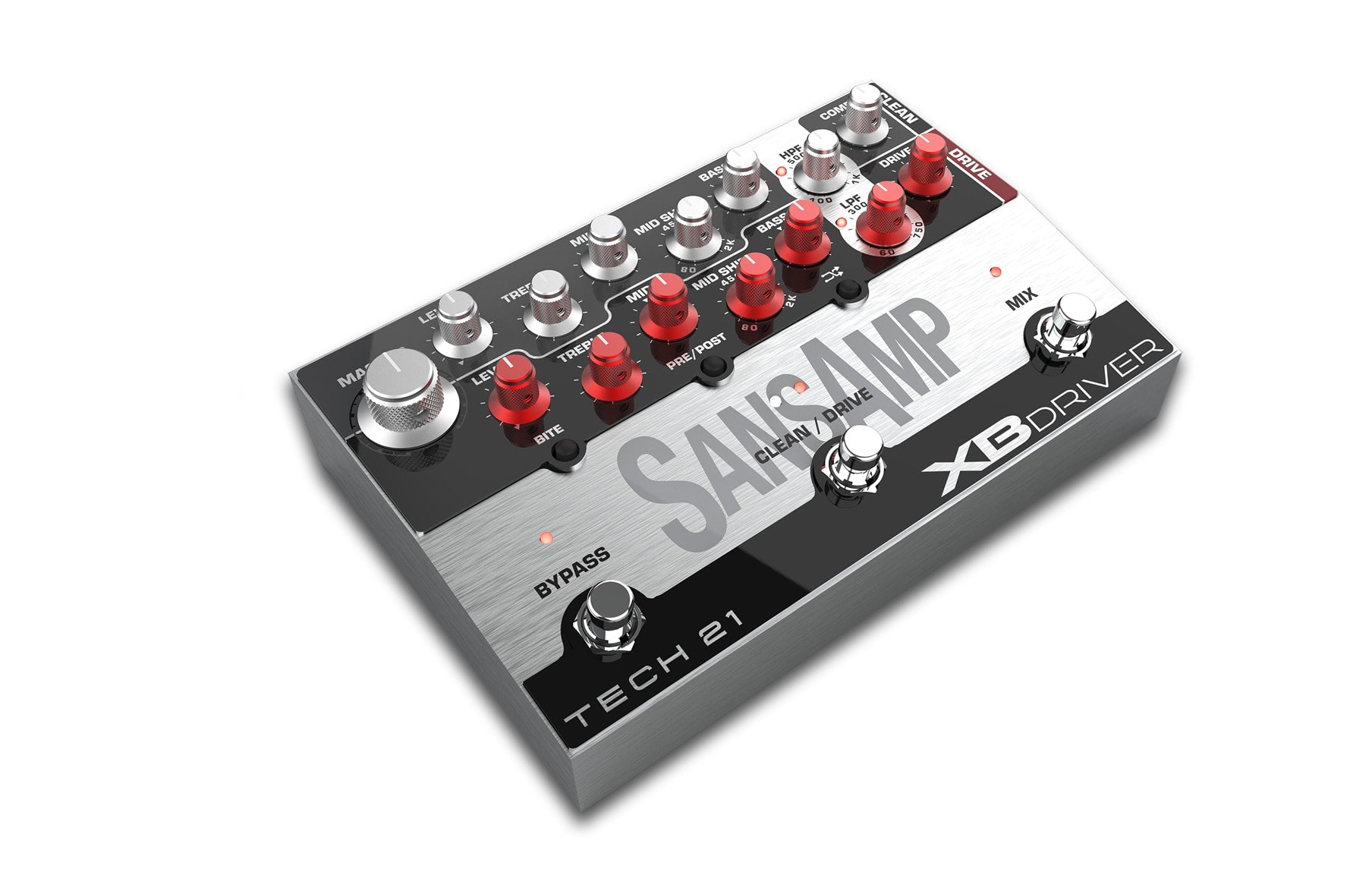 Metal pedal with multiple knobs and footswitches labeled SansAmp XB Driver by Tech 21.