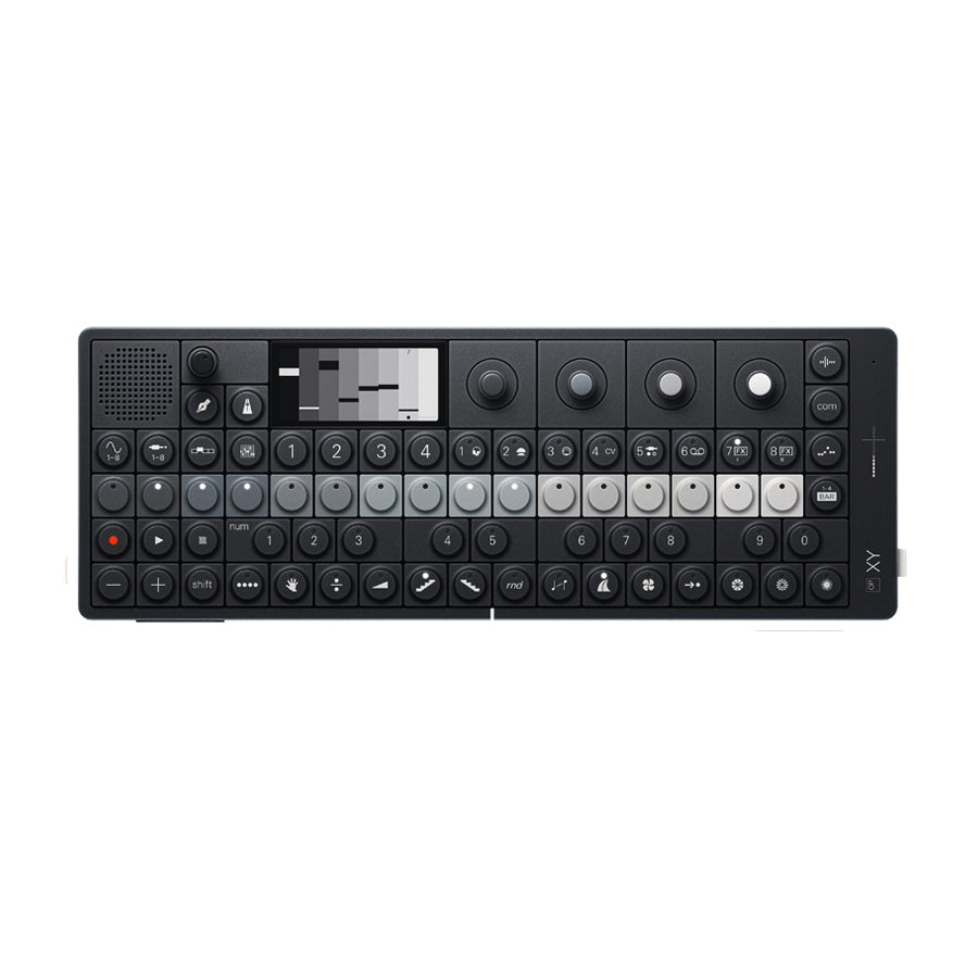 Top view of a black synthesizer with multiple buttons, knobs, a small screen, and speaker grille.
