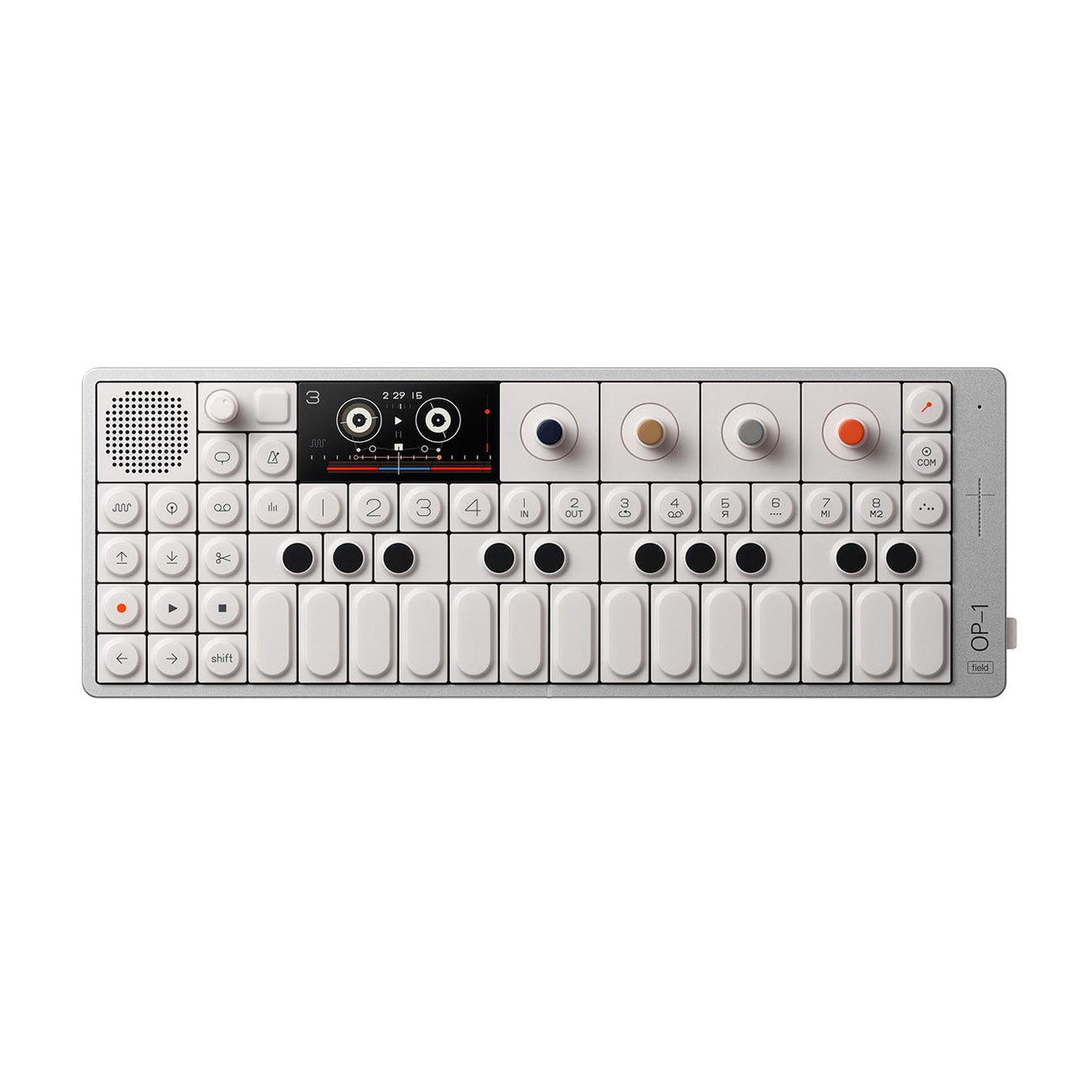 Top view of a white compact synthesizer with a small screen, multiple buttons, knobs, and a 24-key keyboard.