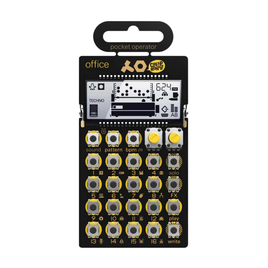 Black and yellow Teenage Engineering Pocket Operator Office sampler in packaging with multiple buttons and small screen.