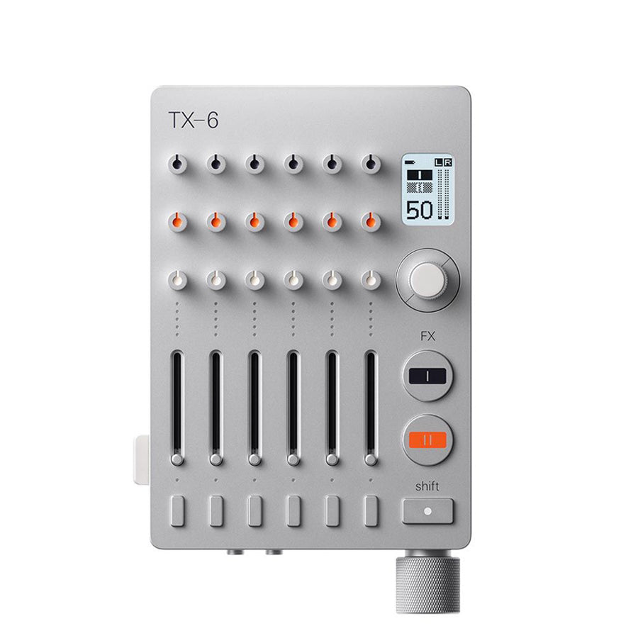 Top view of a gray mixing device with knobs, sliders, buttons, a small display, and a rotary dial on a white background.